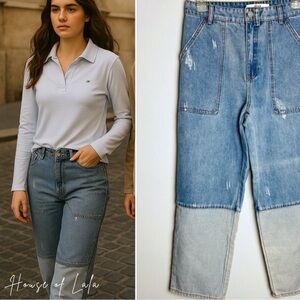 Retro barrel straight leg distressed patchwork light denim jeans.